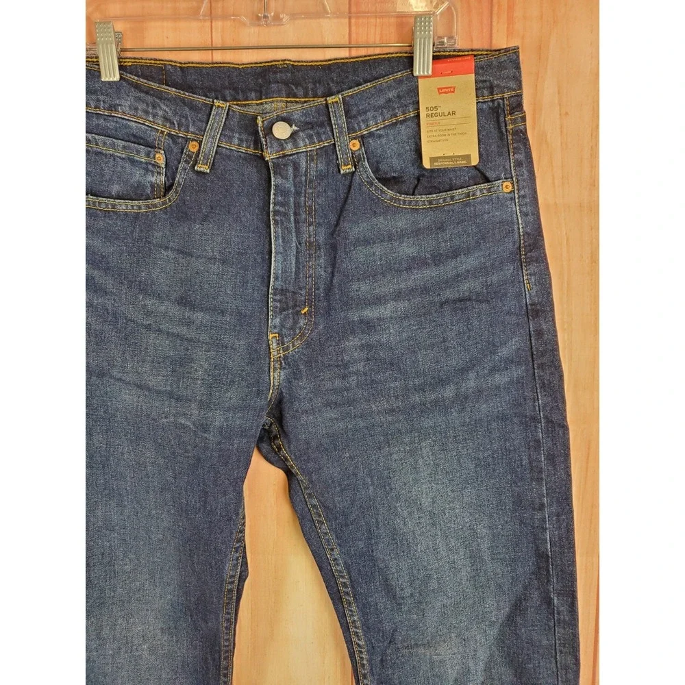Levis 505 Mens Jeans Sz 34 X 30 Blue Denim Stretch Medium Wash Straight Leg
